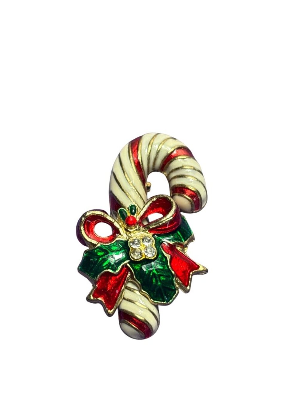 Vtg Candy Cane Brooch Pin Bow Holly Enameled Clear Rhinestones 1 5/8 inches